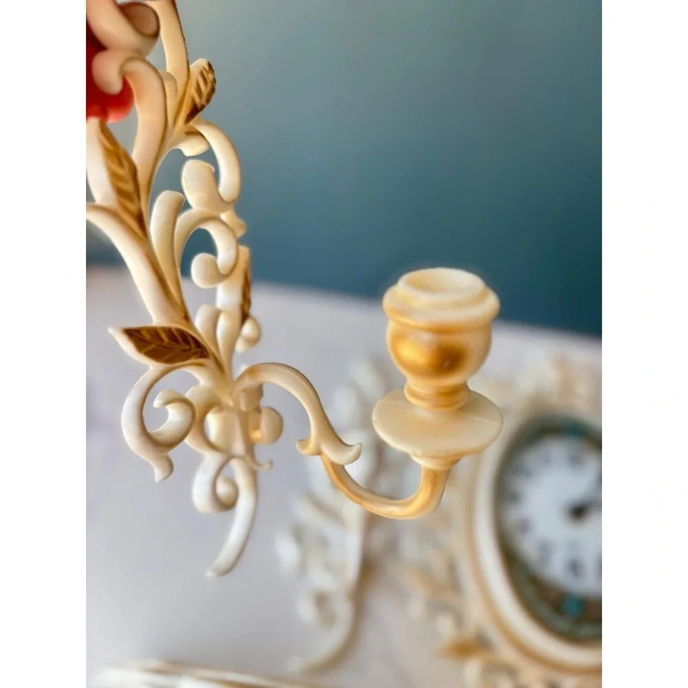 Vtg Spartus Wall Clock Shelf Sconces Set‎ 4pc Hollywood Regency Gold Cream 60s